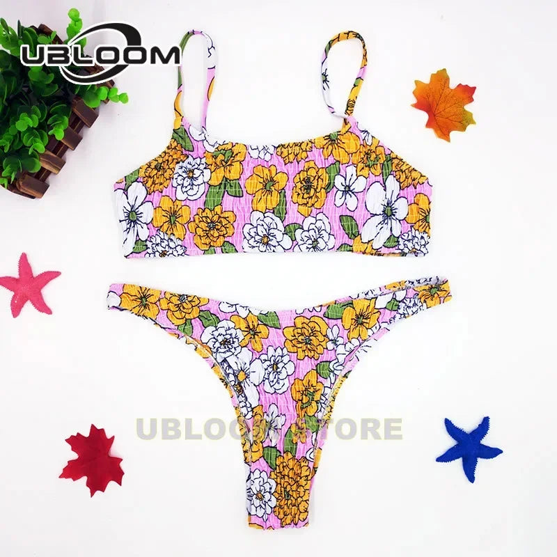 Vibrant Green Floral Underwire Bikini with Ruched Texture