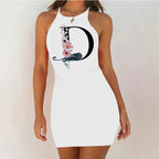White Sleeveless Mini Nightgown with Bold Black Letter and Graphic Print, Slim Silhouette and Above-Knee Length