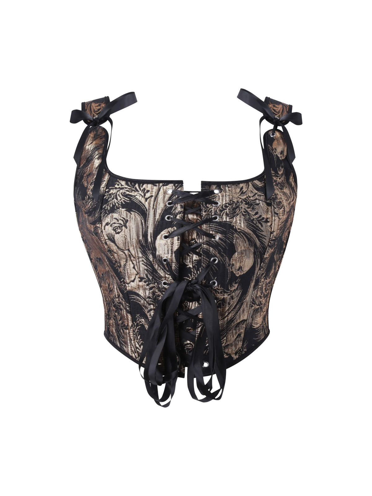 Black and Gold Botanical Jacquard Bustier Top with Ribbon Tie Details