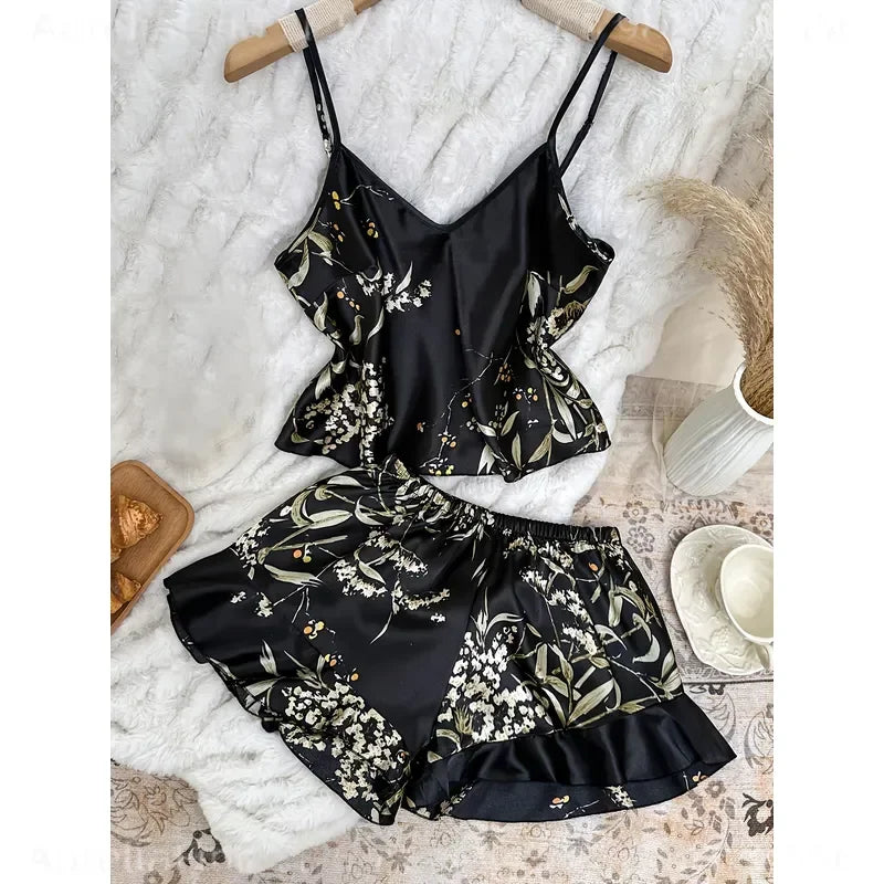Women's Cherry-Inspired Print Cami Pajama Set with Ruffle Trim, V-Neck Spaghetti-Strap Top and Matching Shorts, Cute Loungewear