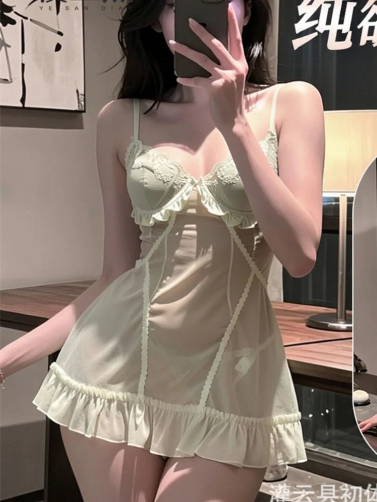 Romantic Sheer Mesh Babydoll Dress with Embroidered Lace Bodice and Ruffled Hem