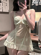Romantic Sheer Mesh Babydoll Dress with Embroidered Lace Bodice and Ruffled Hem