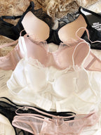 Elegant Botanical Embroidery Plunge Bra and Sheer Thong Set
