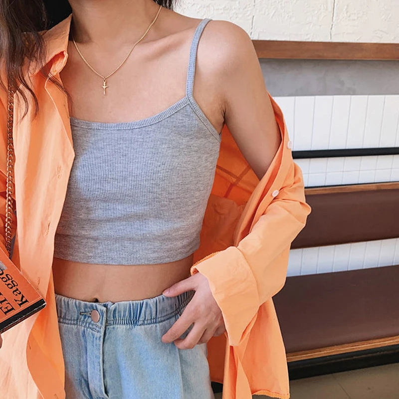 Square Neck Sleeveless Crop Top with Wide Straps Contemporary Streetwear Style