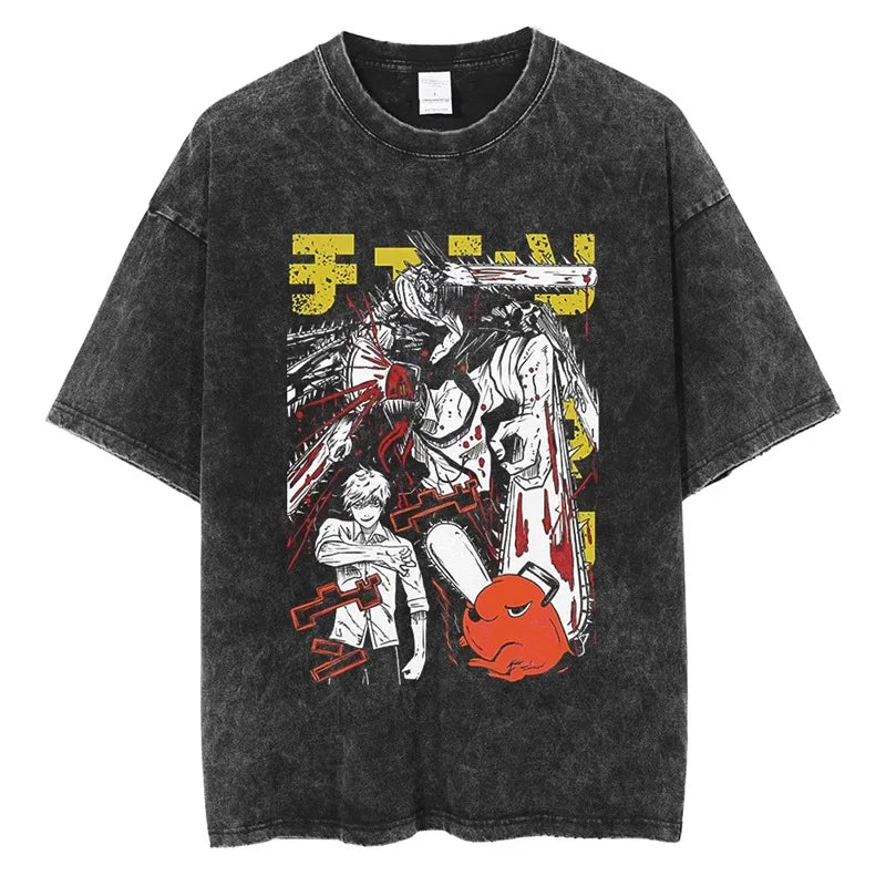 Vintage Anime Chaos Graphic Oversized Washed Cotton Streetwear T-Shirt Design