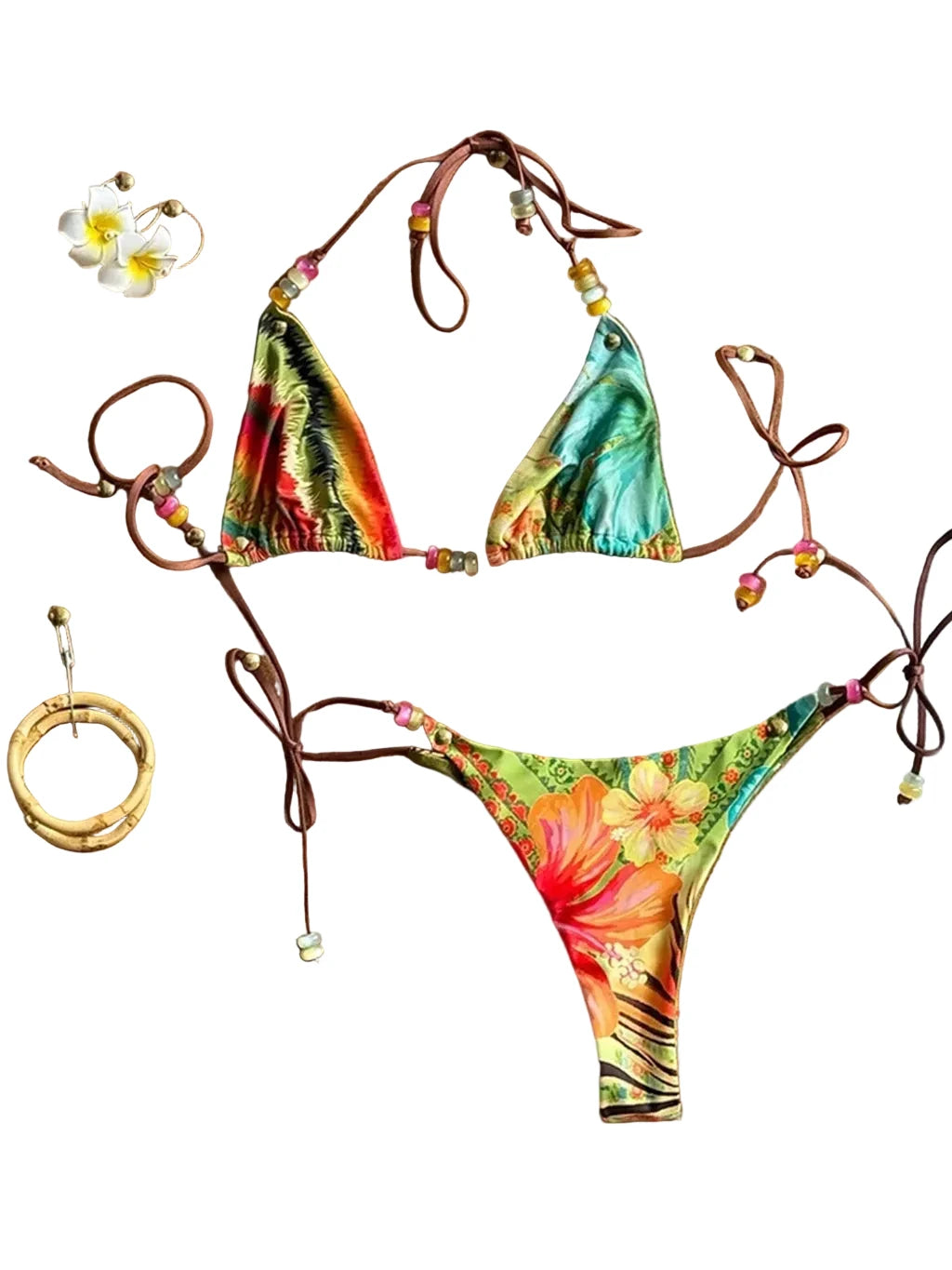 Tropical Botanical Print Triangle String Bikini with Beaded Tie Accents