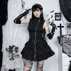 Structured Gothic Mini Dress with Utility-Inspired Alternative Fashion Details