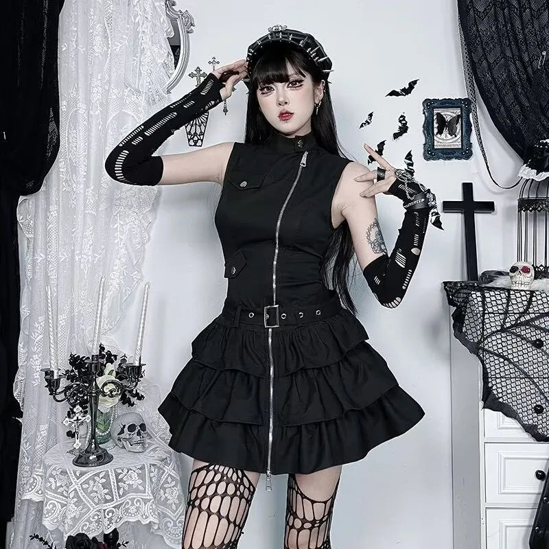 Structured Gothic Mini Dress with Utility-Inspired Alternative Fashion Details