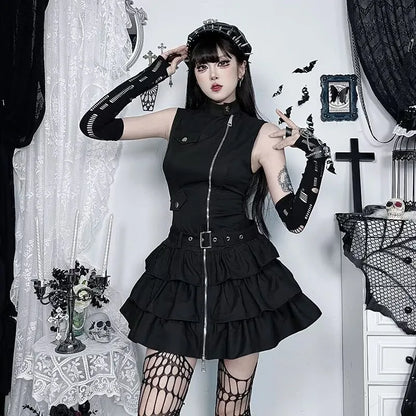 Structured Gothic Mini Dress with Utility-Inspired Alternative Fashion Details