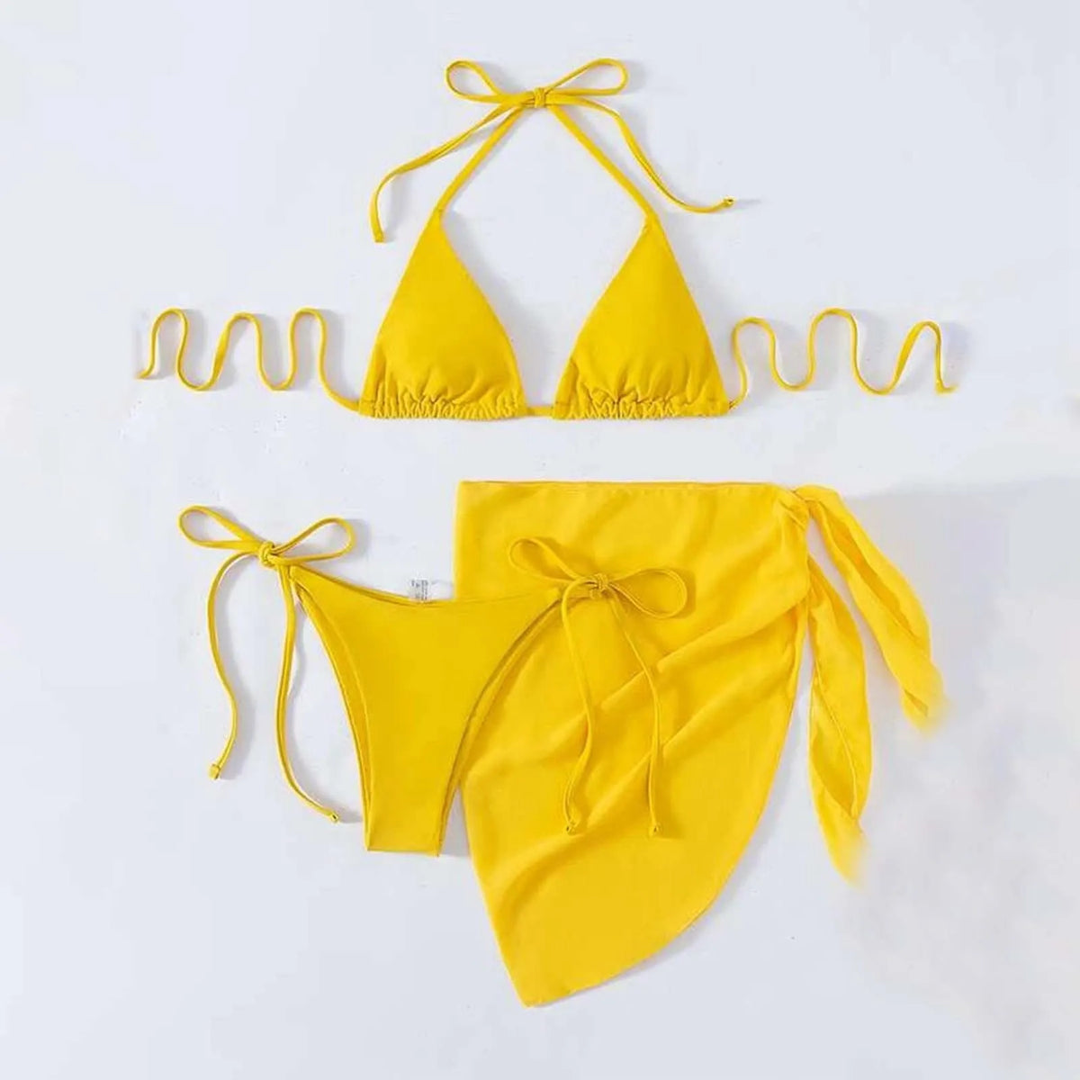 Navy Blue Three-Piece Triangle Bikini Set with Matching Tie Sarong