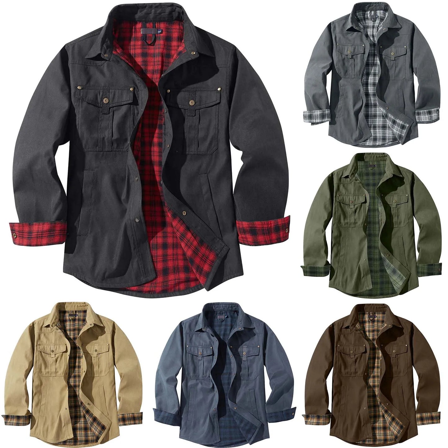 Men's Plaid-Lined Utility Overshirt Jacket with Vintage Casual Styling