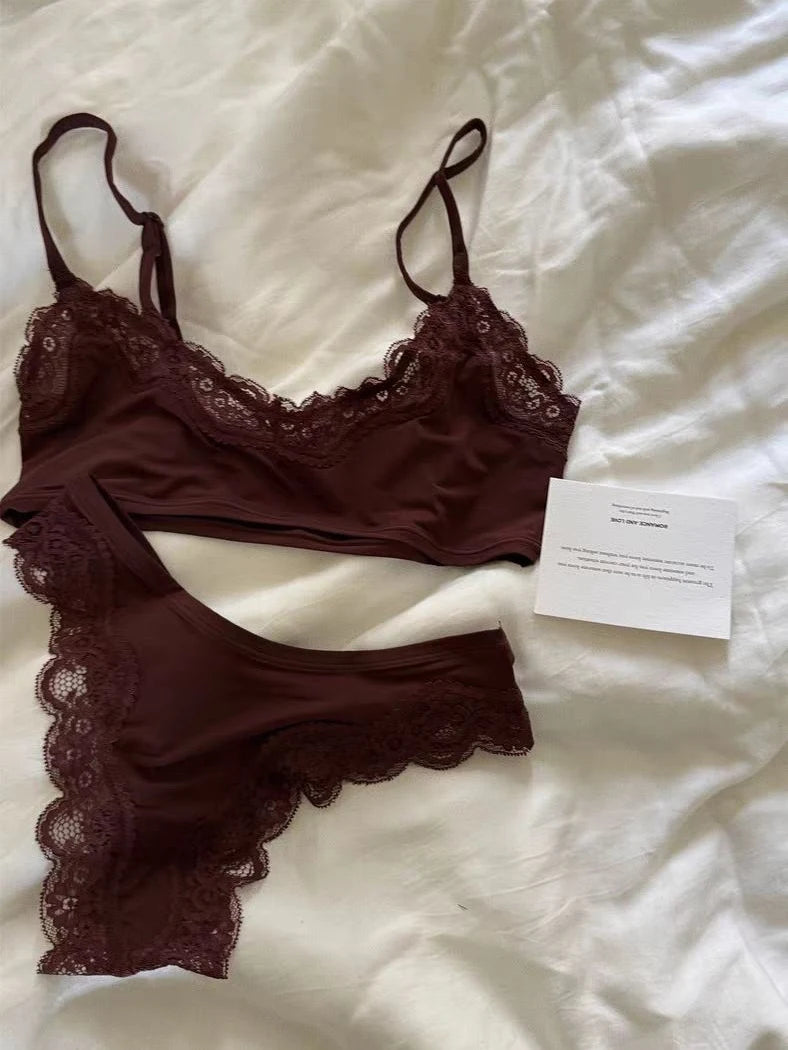Minimalist Light Pink Wire-Free Lounge Bralette and Brief Set with Delicate Lace Edging