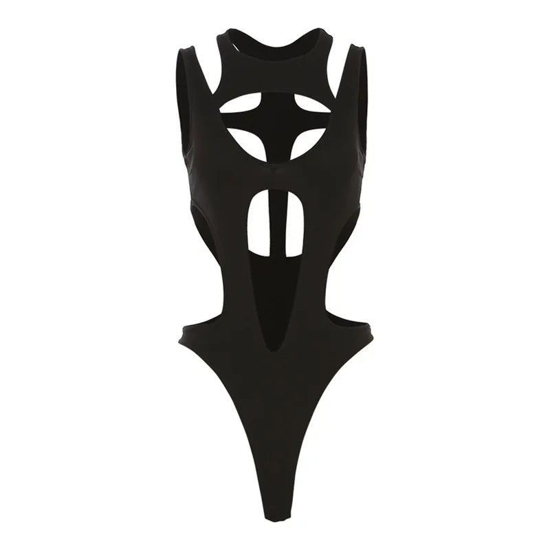 Asymmetric Cutout High Cut Bodysuit for Gothic Techwear Alternative Fashion