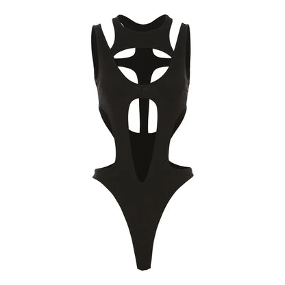 Asymmetric Cutout High Cut Bodysuit for Gothic Techwear Alternative Fashion