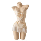 Cream Lace and Sheer Mesh Cutout Babydoll with Crisscross Bodice