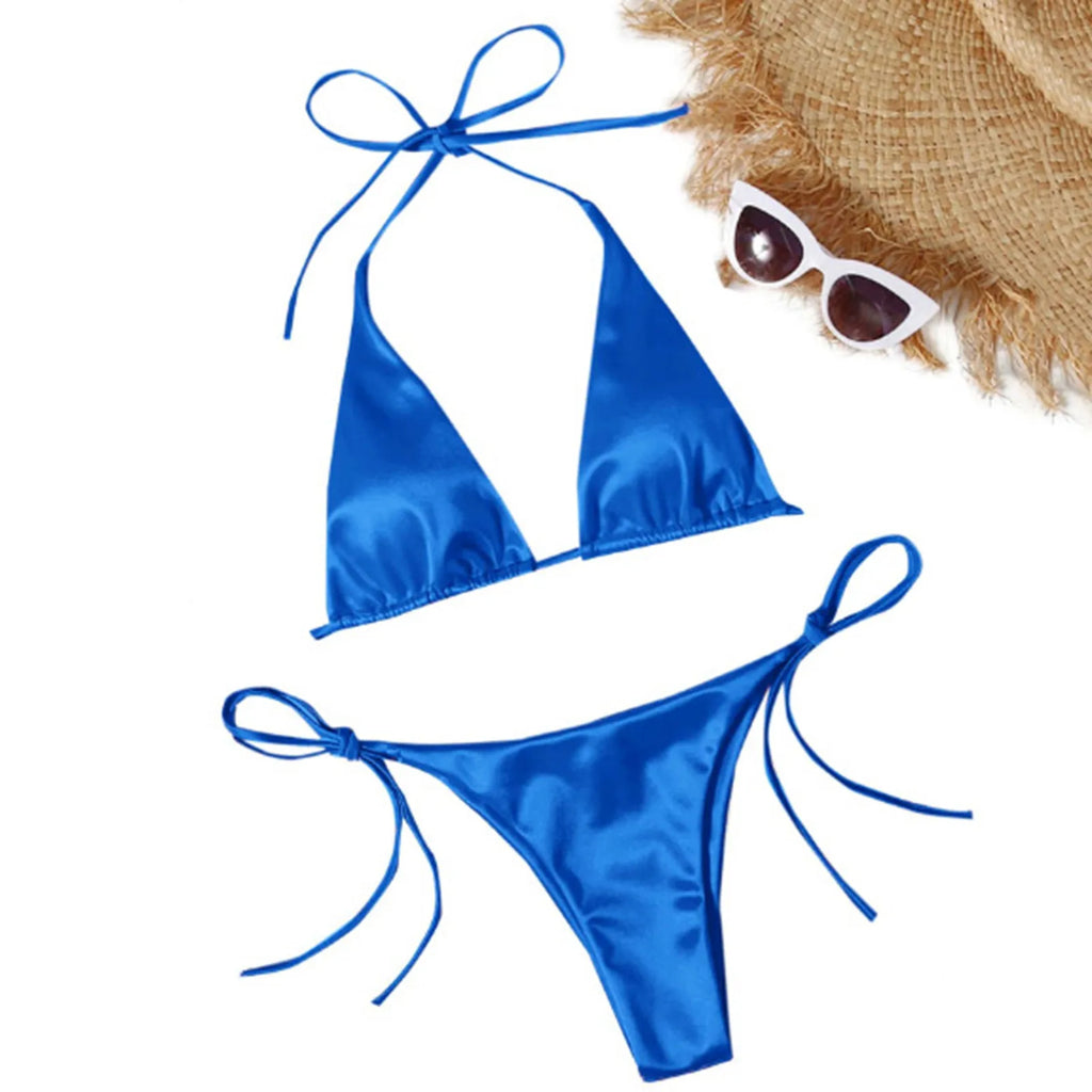 Metallic Satin Halter Bikini Set with High-Cut Bottom, Brazilian-Inspired Silhouette and Shimmering Beachwear Finish