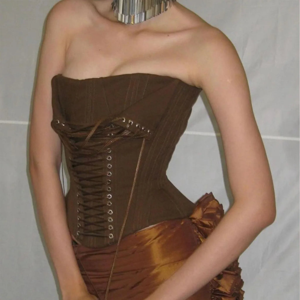 Earthy Brown Ribbed Strapless Corset Top with Dramatic Front Lace-Up Detailing