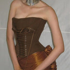 Earthy Brown Ribbed Strapless Corset Top with Dramatic Front Lace-Up Detailing