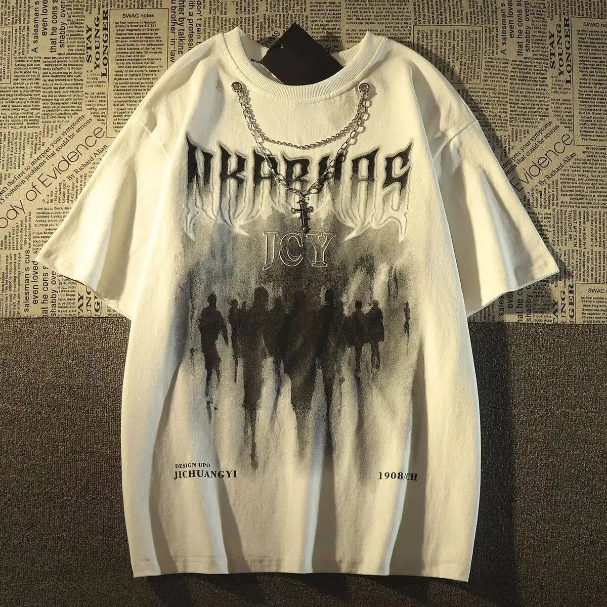 Oversized Vintage Silhouette Graphic Cotton T-Shirt with Dark Streetwear Aesthetic