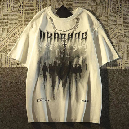 Oversized Vintage Silhouette Graphic Cotton T-Shirt with Dark Streetwear Aesthetic