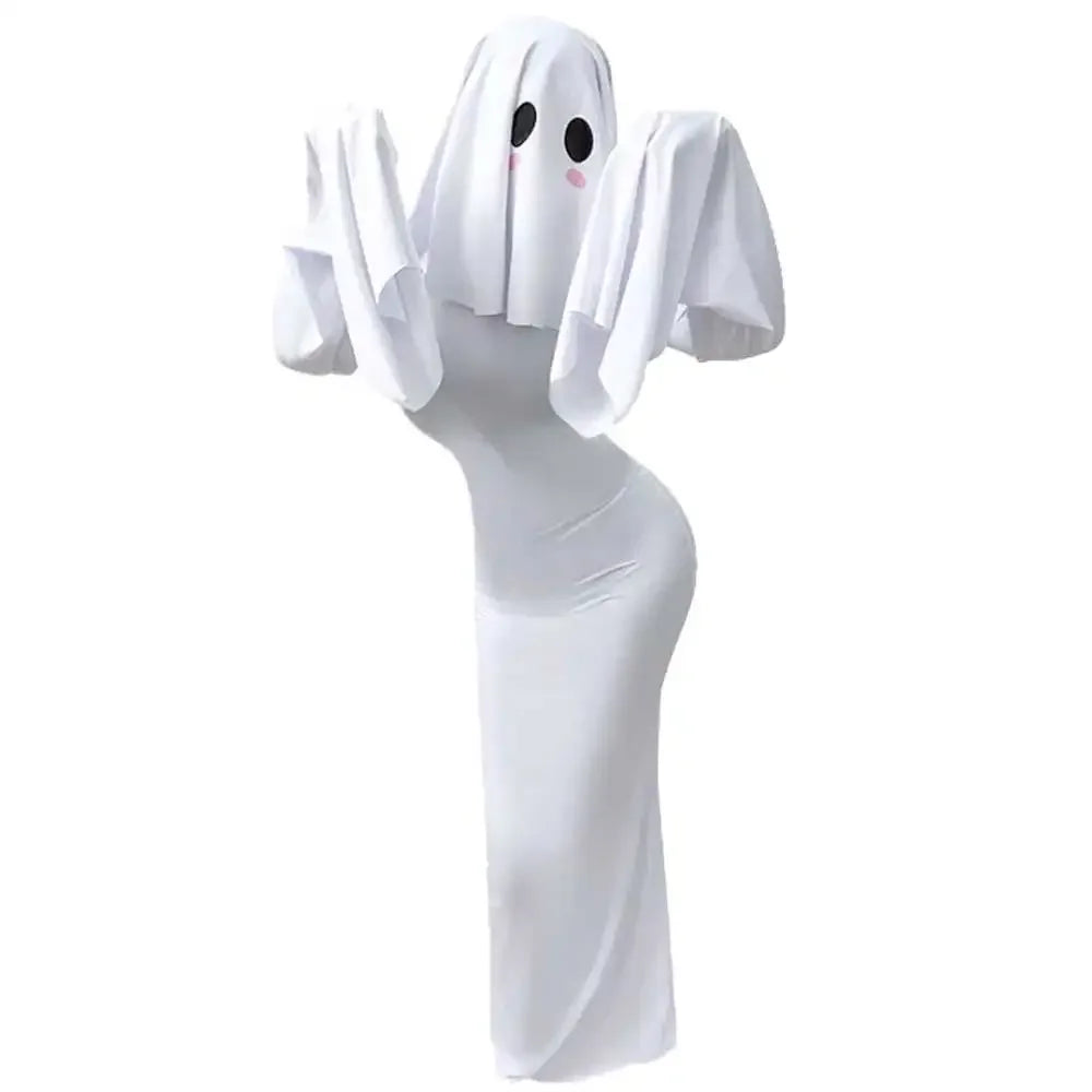 Form-Fitting Long White Gown with Sweeping Bell Sleeves and Ghost Veil