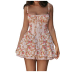 Romantic Blue Floral Corset-Style Mini Dress with Delicate Lace Trim and Tie-Front Bodice