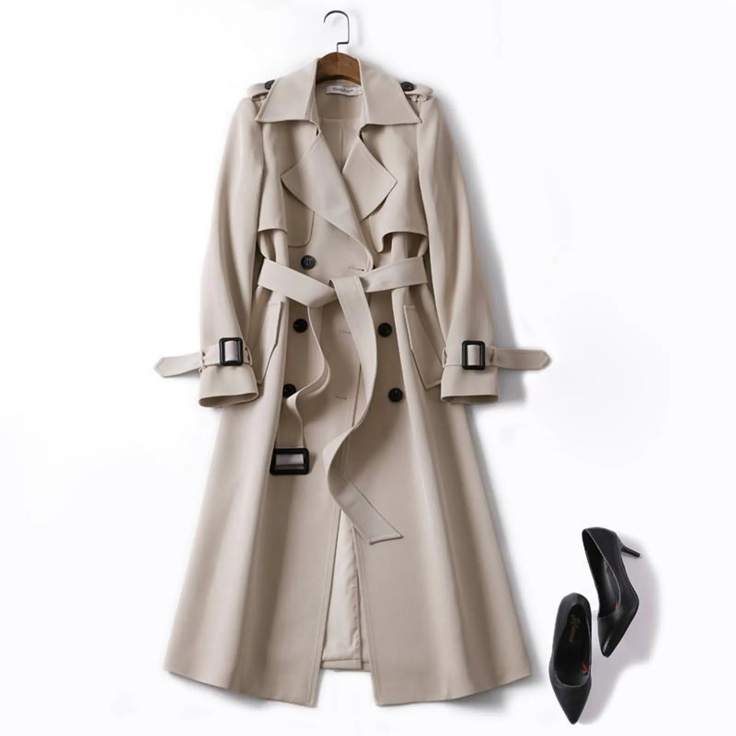 Women's Long Belted Trench Coat with Structured Silhouette for Contemporary Outerwear Styling