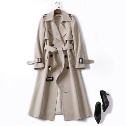 Women's Long Belted Trench Coat with Structured Silhouette for Contemporary Outerwear Styling