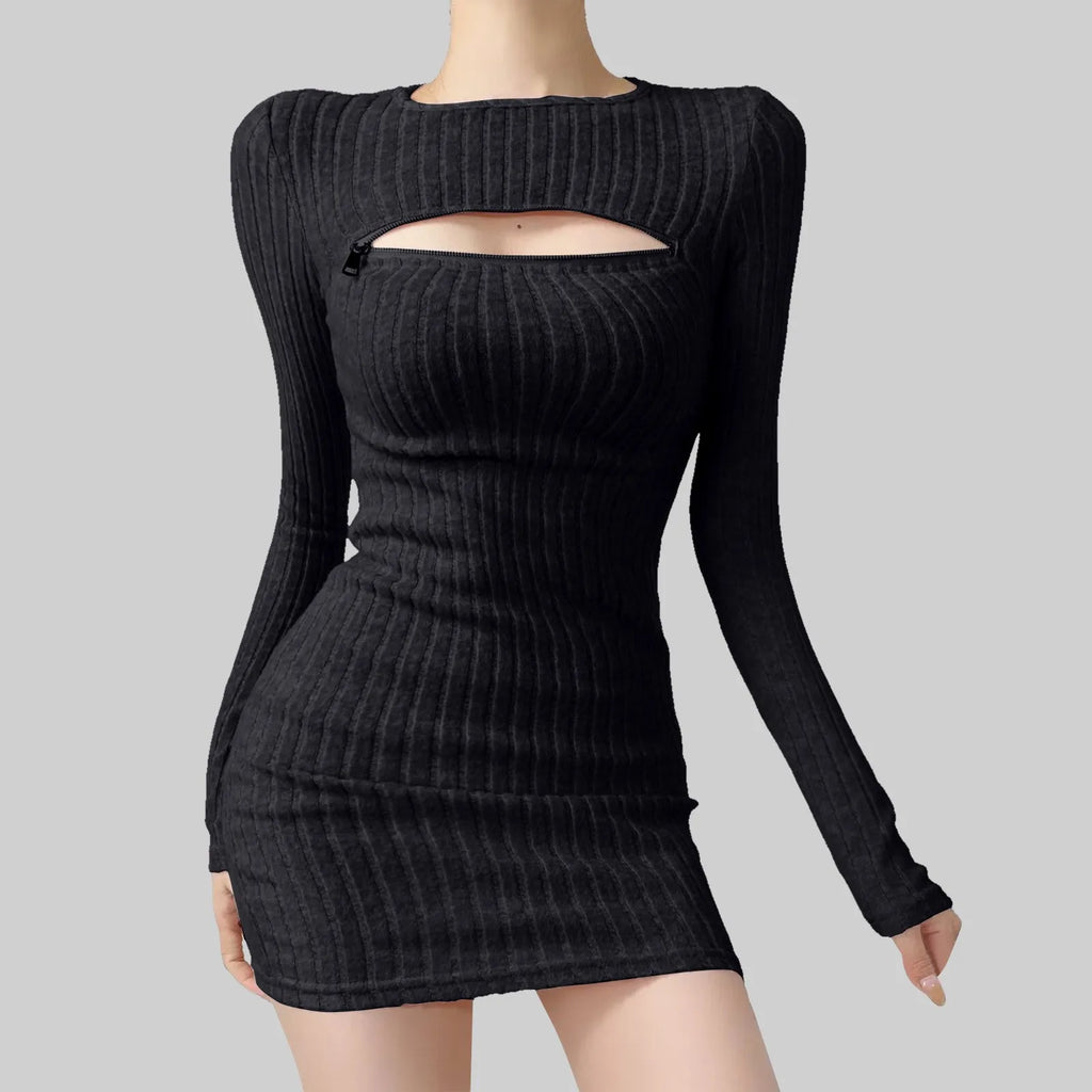 Ribbed Long Sleeve Sweater Mini Dress with Cutout Detail Contemporary Style