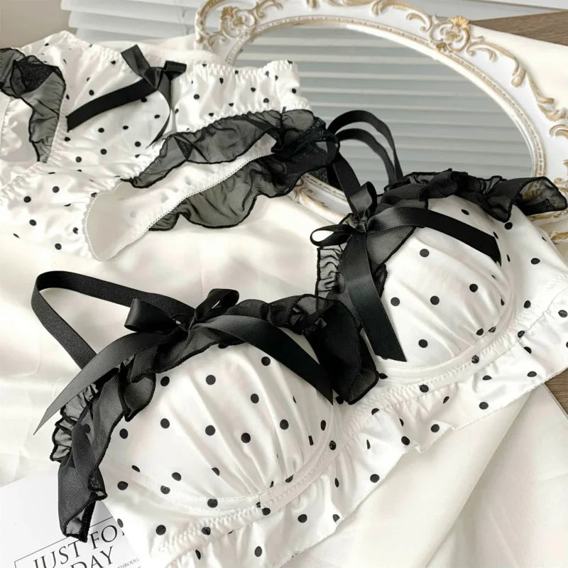 Playful Black and White Polka Dot Wire-Free Ruffled Bra Set