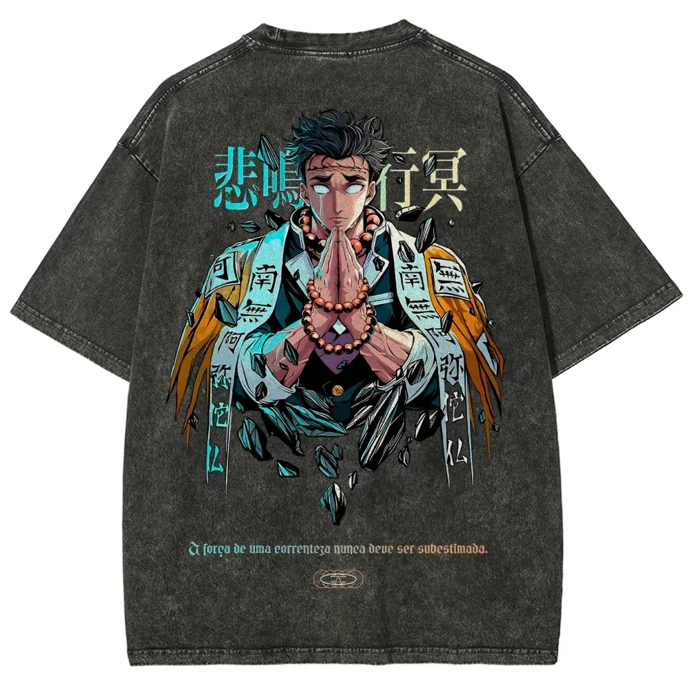 Anime Streetwear Washed Oversized Graphic Tee with Manga-Inspired Back Artwork