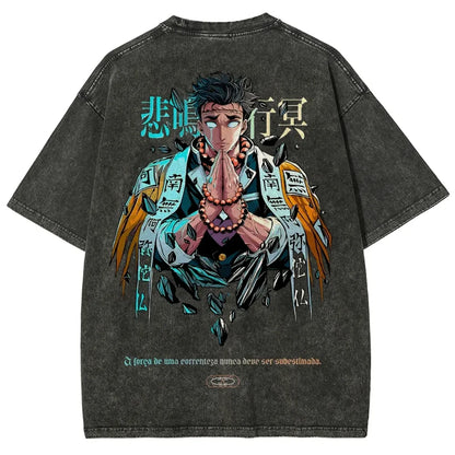 Anime Streetwear Washed Oversized Graphic Tee with Manga-Inspired Back Artwork