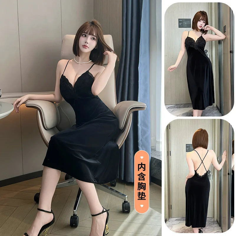 Minimalist Black Velvet Long Slip Dress with Delicate V-Neck