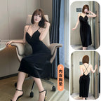 Minimalist Black Velvet Long Slip Dress with Delicate V-Neck