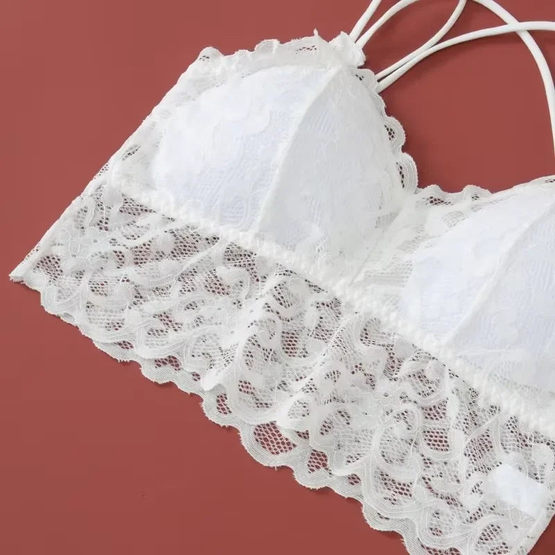 Floral Lace Longline Bralette and Coordinating Boyshort Set with Double Front Straps