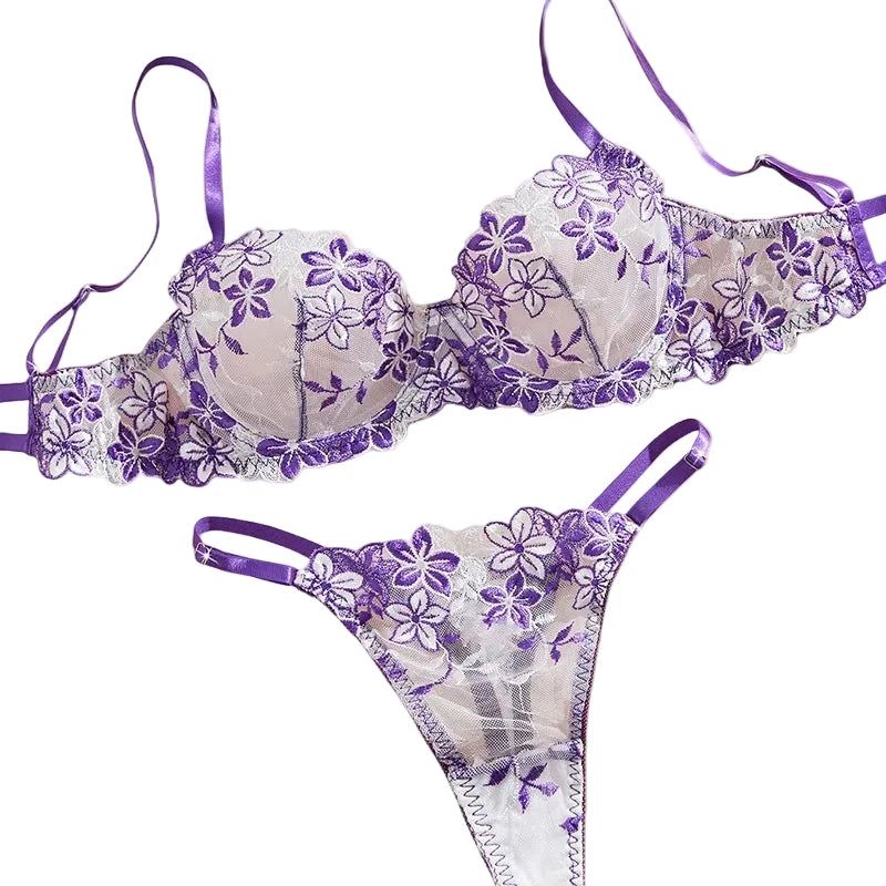 Purple Floral Blossom Embroidered Sheer Underwire Lingerie Set