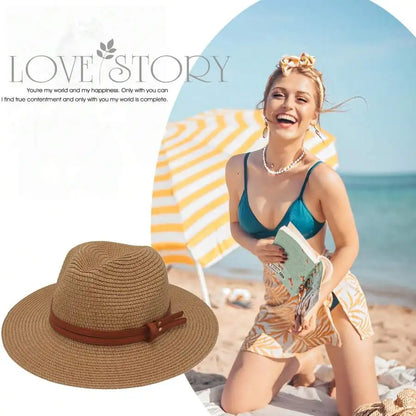 Women's Woven Straw Panama Sun Hat with Adjustable Decorative Band for Summer Outdoor Style