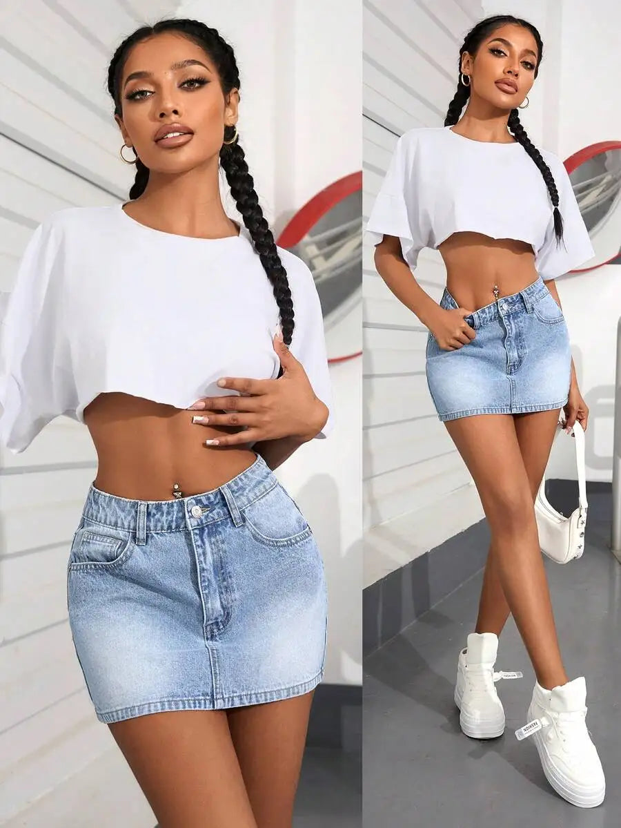 High Rise Acid Wash Denim Mini Skirt with Streamlined Y2K Silhouette