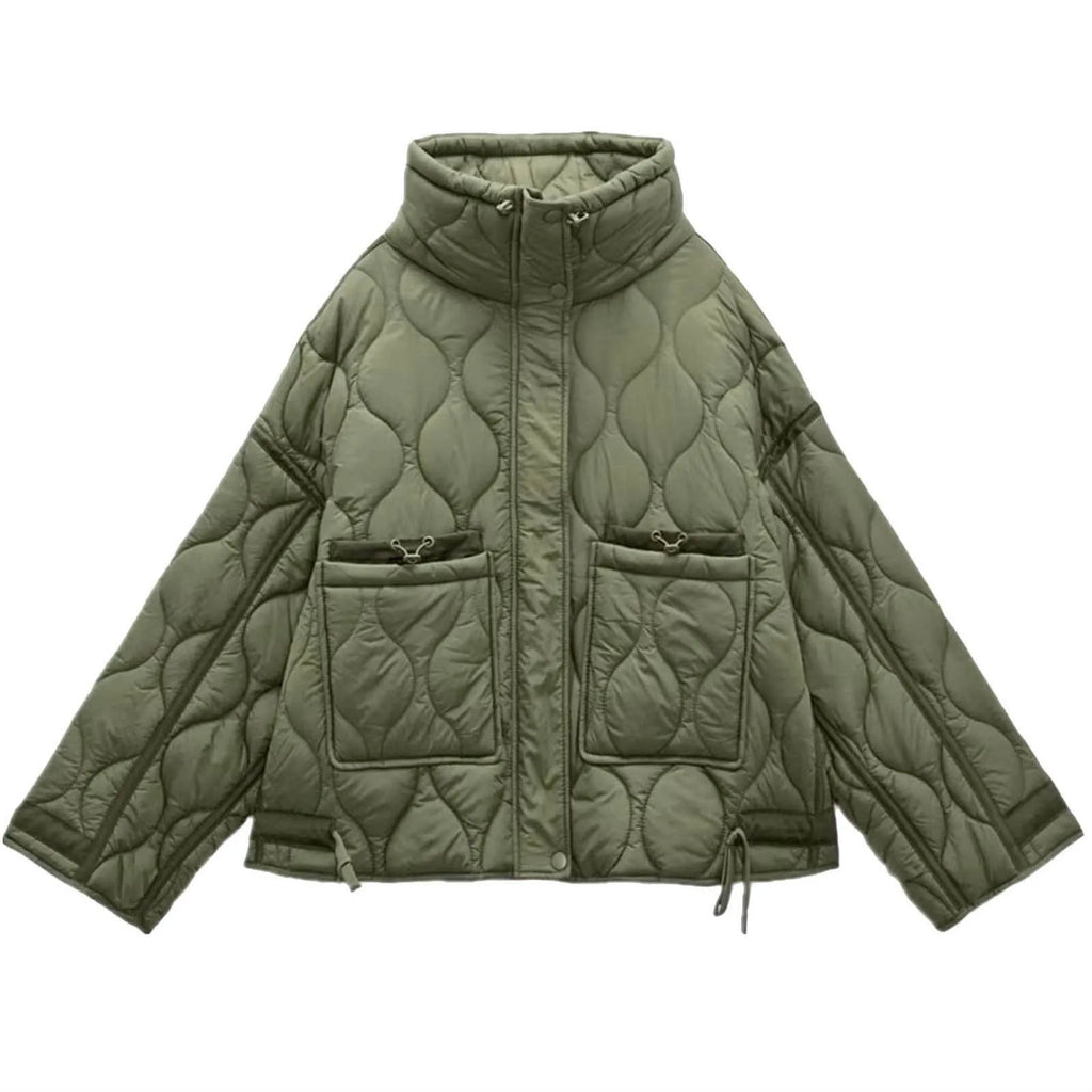 Women's Oversized Quilted Zip Jacket with Stand Collar Contemporary Casual Outerwear Style