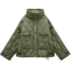 Women's Oversized Quilted Zip Jacket with Stand Collar Contemporary Casual Outerwear Style