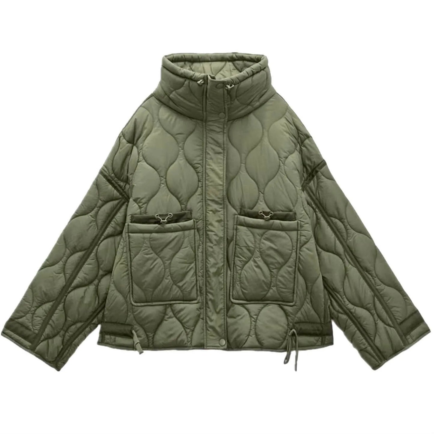 Women's Oversized Quilted Zip Jacket with Stand Collar Contemporary Casual Outerwear Style