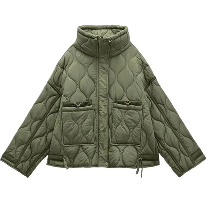 Women's Oversized Quilted Zip Jacket with Stand Collar Contemporary Casual Outerwear Style