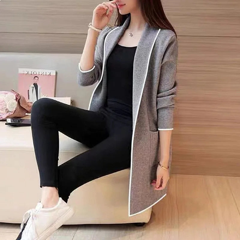 Women's Longline Open Front Cardigan Coat with Patchwork Design for Everyday Layering