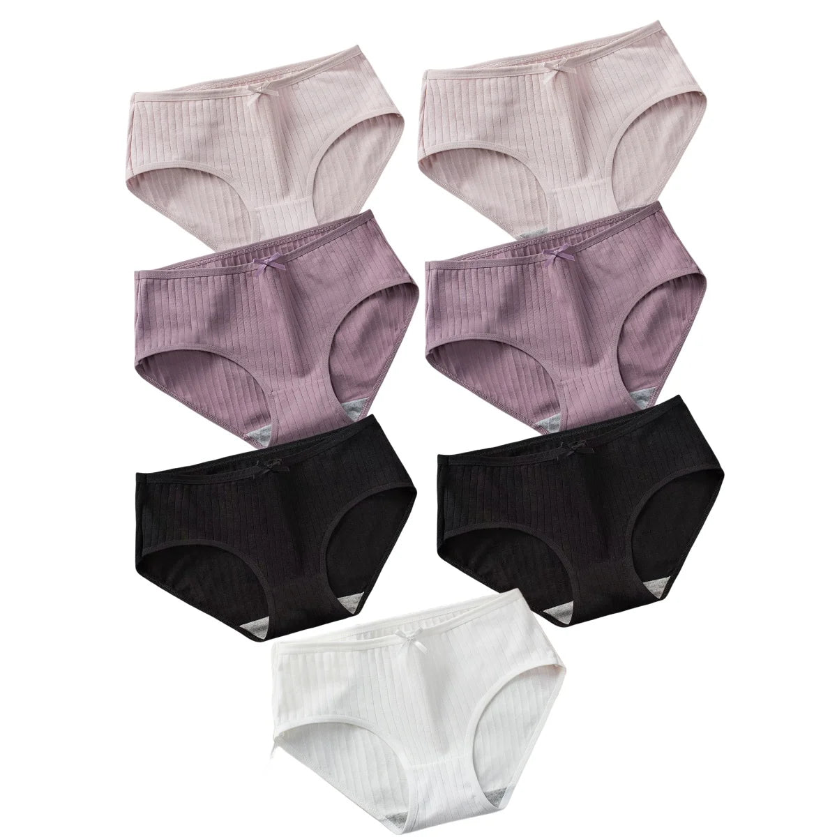 Seven-Piece Ribbed Cotton Blend Mid-Rise Brief Set with Bow Detail