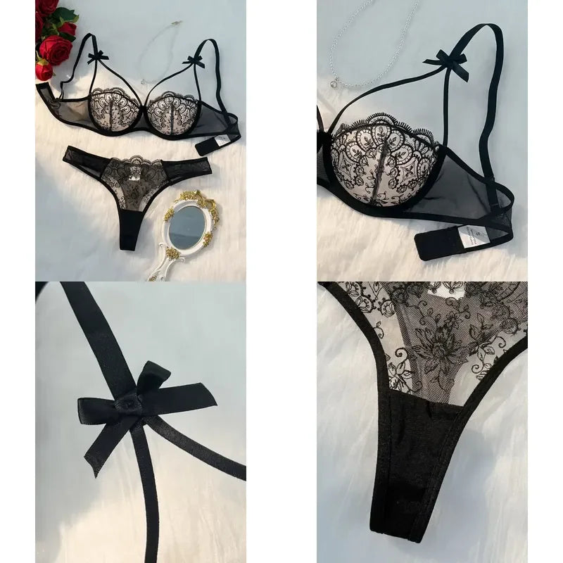 Sheer Embroidered Demi Bra and Strappy Cutout Thong Set with Bow-Accented Harness Details
