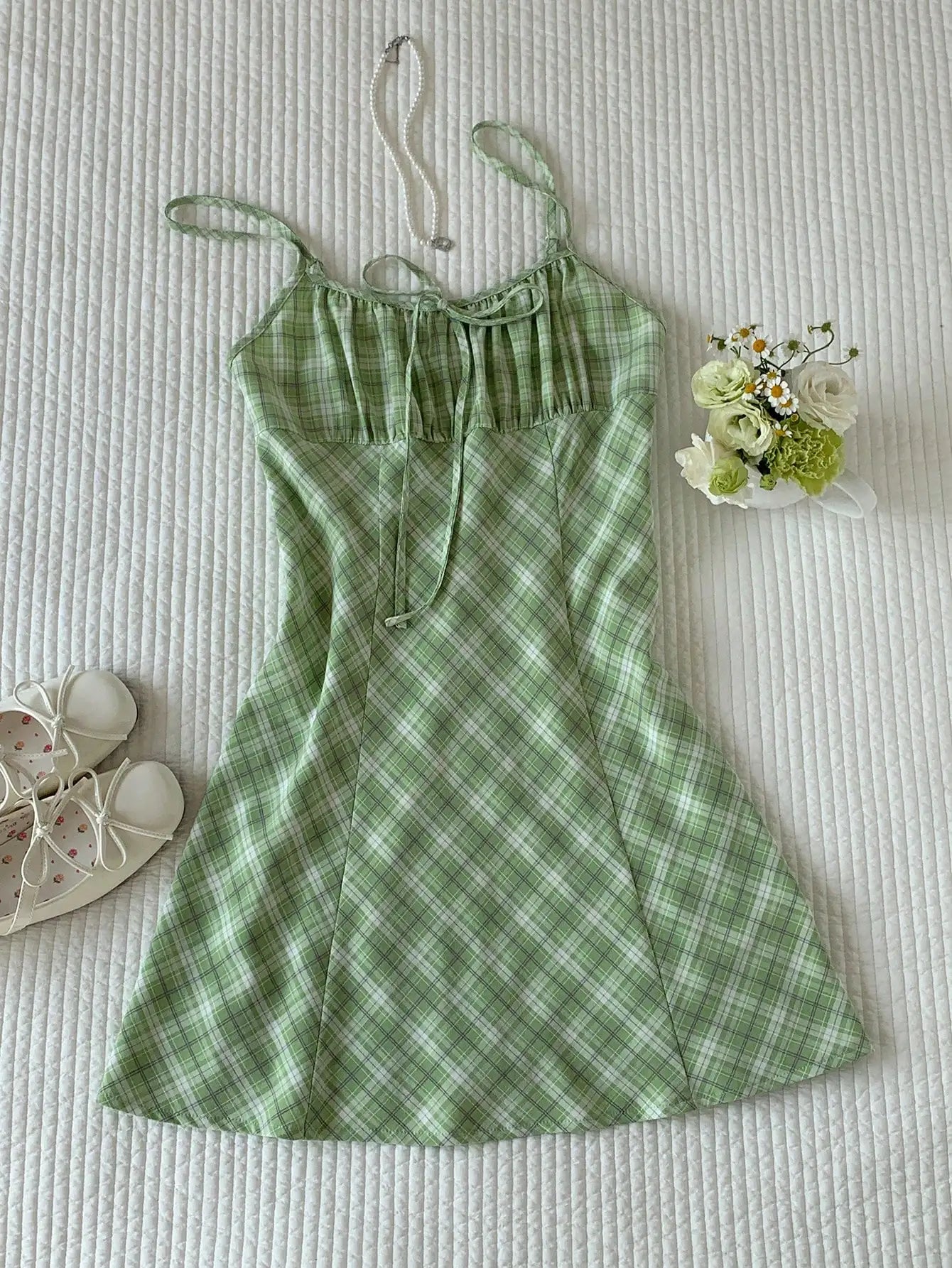 Plaid Square Neck Strap Mini Dress with Bow Detail and A-Line Fit