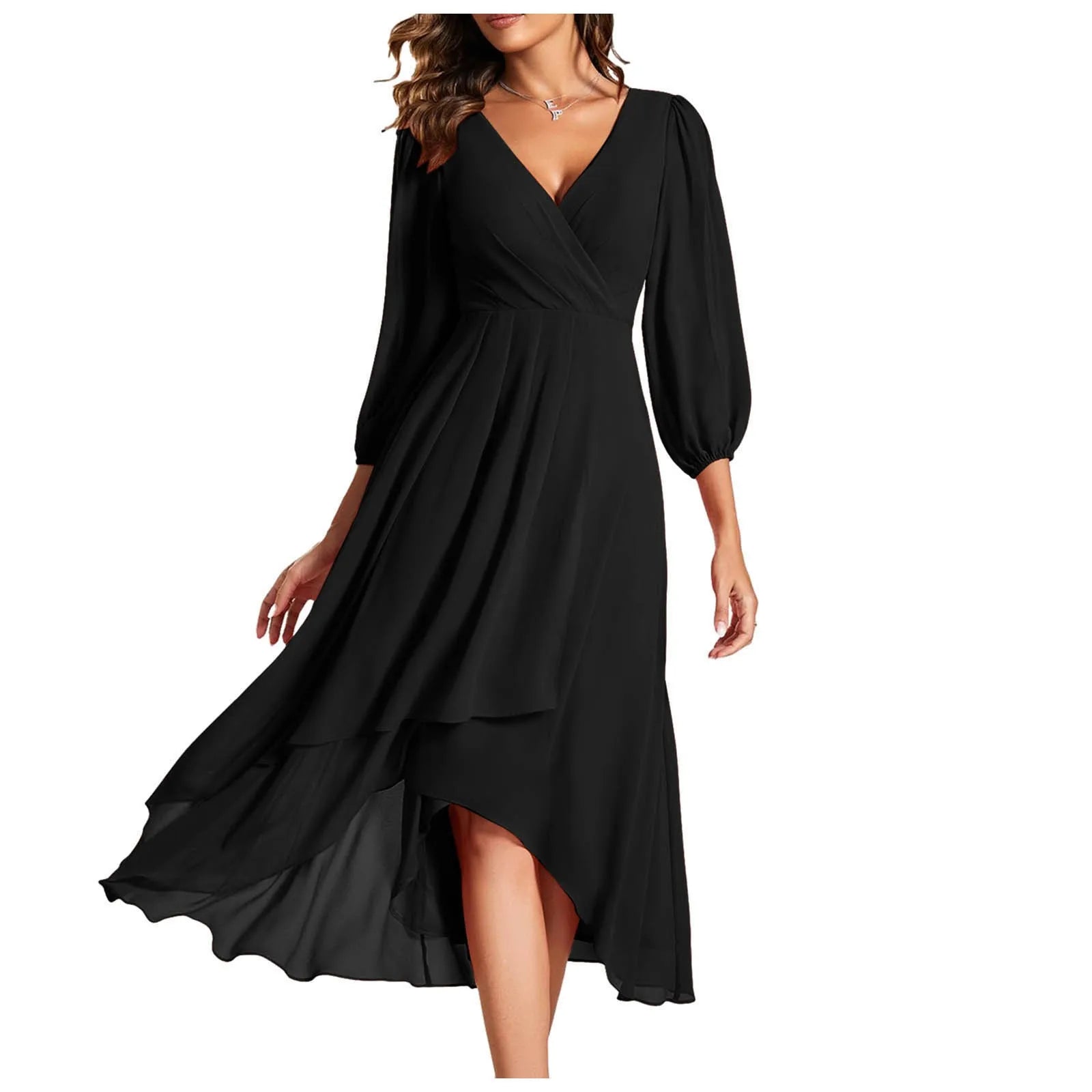 Long Sleeve Wrap Midi Dress with Ruffle Hem and Flowing Chiffon Layers