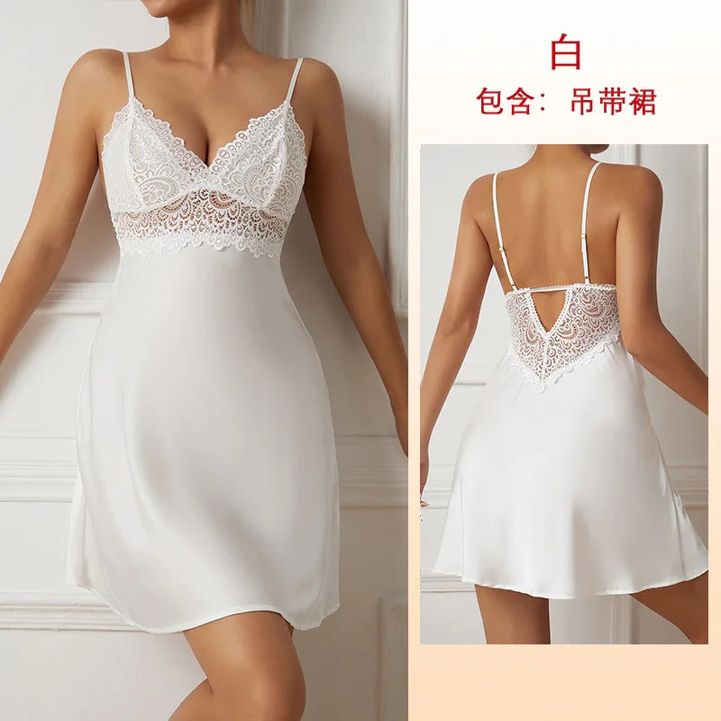 Pristine White Satin-Finish Chemise with Wide Sheer Floral Lace Bodice