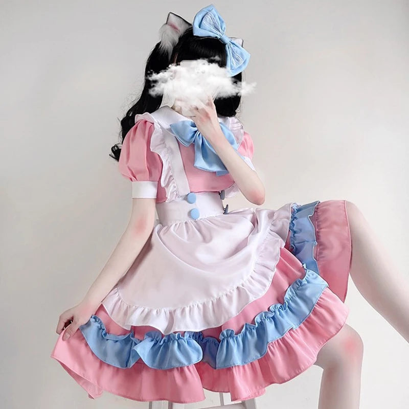 Women's Ruffle Maid-Inspired Dress with Layered Skirt, Apron and Matching Headpiece