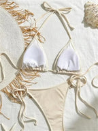 Earthy Olive Green Triangle String Bikini with Crochet and Shell Trim Details